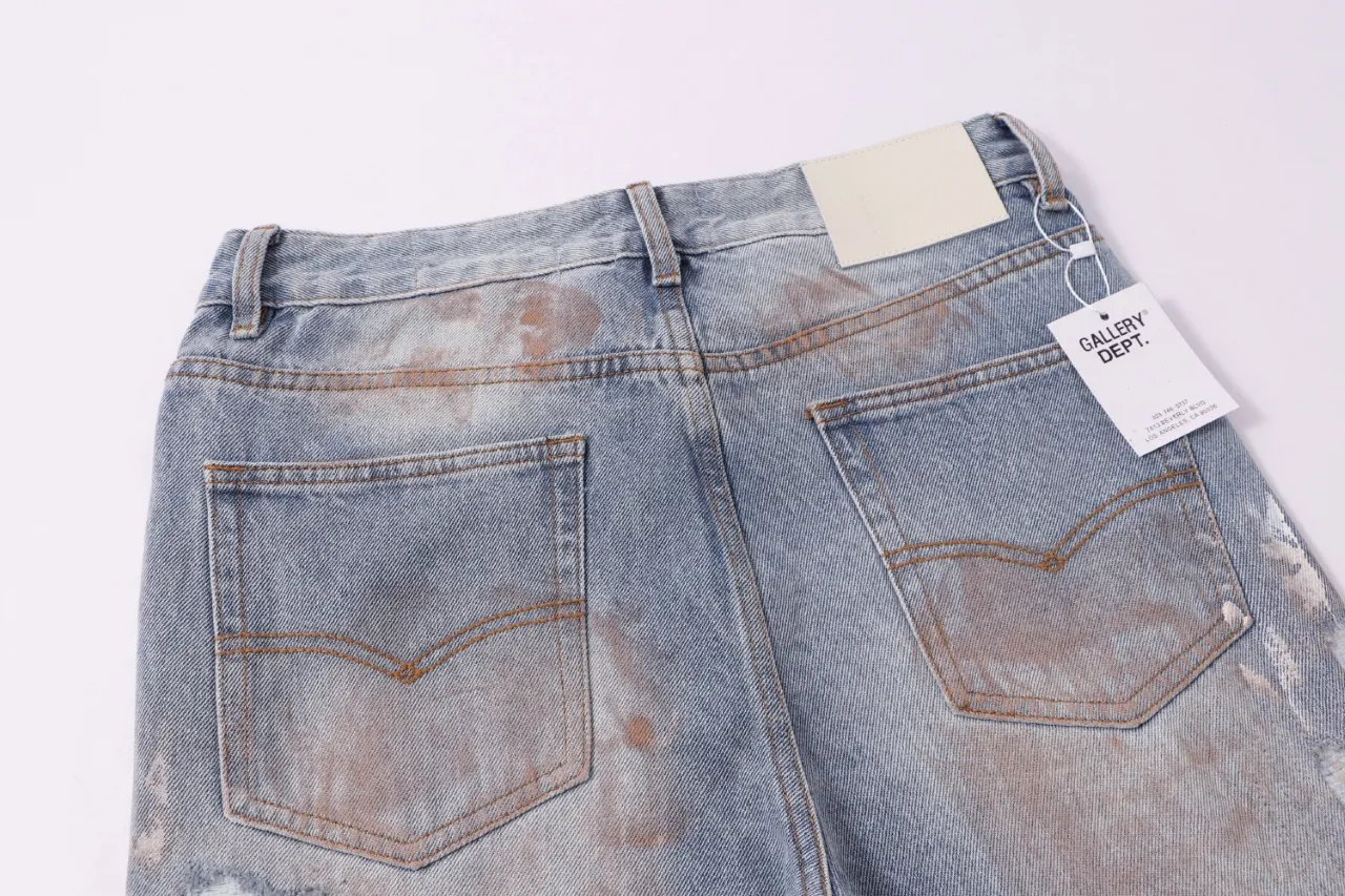 672#Gallery Dept New style distressed vintage dirty wind splashed paint holes pierced washed small straight legged jeans American high street casual trousers washed blue S～XL P250